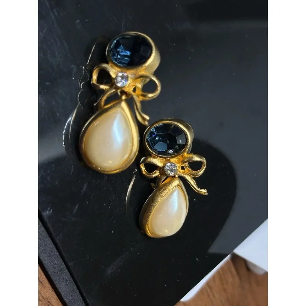 Vintage MFA Gold Tone Austrian Blue Rhinestone Pearl Bow Dangle Earrings